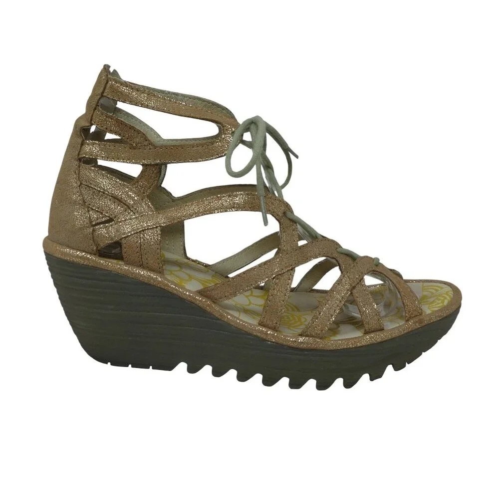 Fly London Yuke Wedge Sandals Women 38 Gold Metallic Lace Up Gladiator